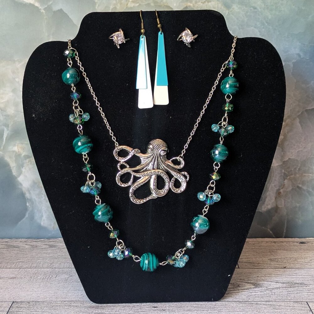 Jewelry Set: Beaded Octopus Charm Necklace and 2 pairs of earrings